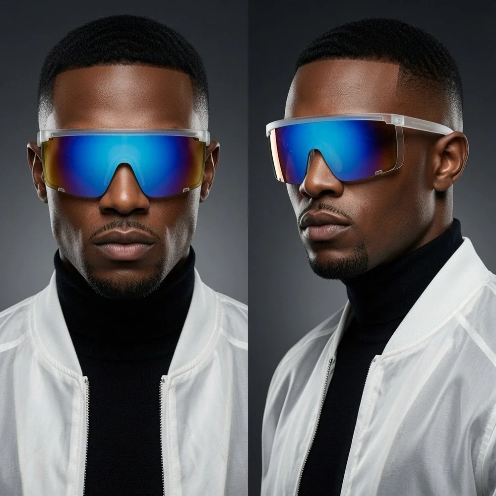 Mens Oversized Shield Sunglasses Blue Mirror Lens Clear Frame Visor‎ Performance